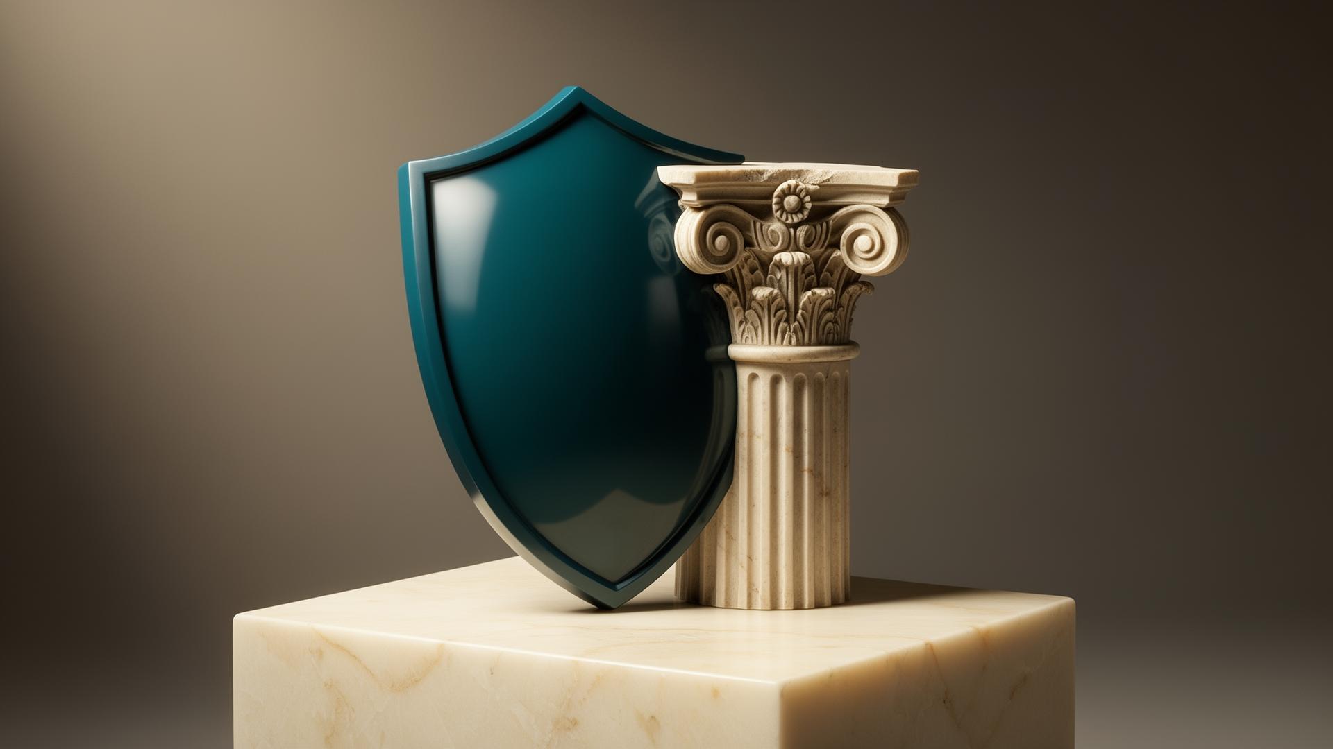 Symbolisches Schild auf klassischer Säule – Schutz und institutionelles Vertrauen